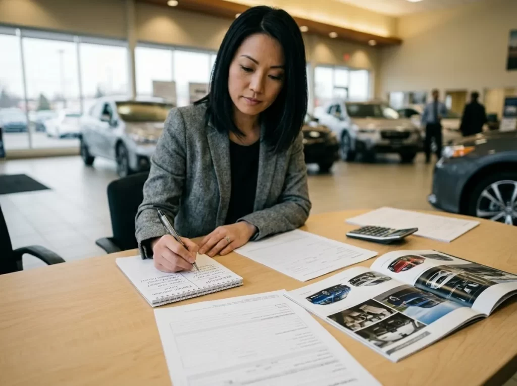 車販売店ローンと金融機関ローンを比較する様子