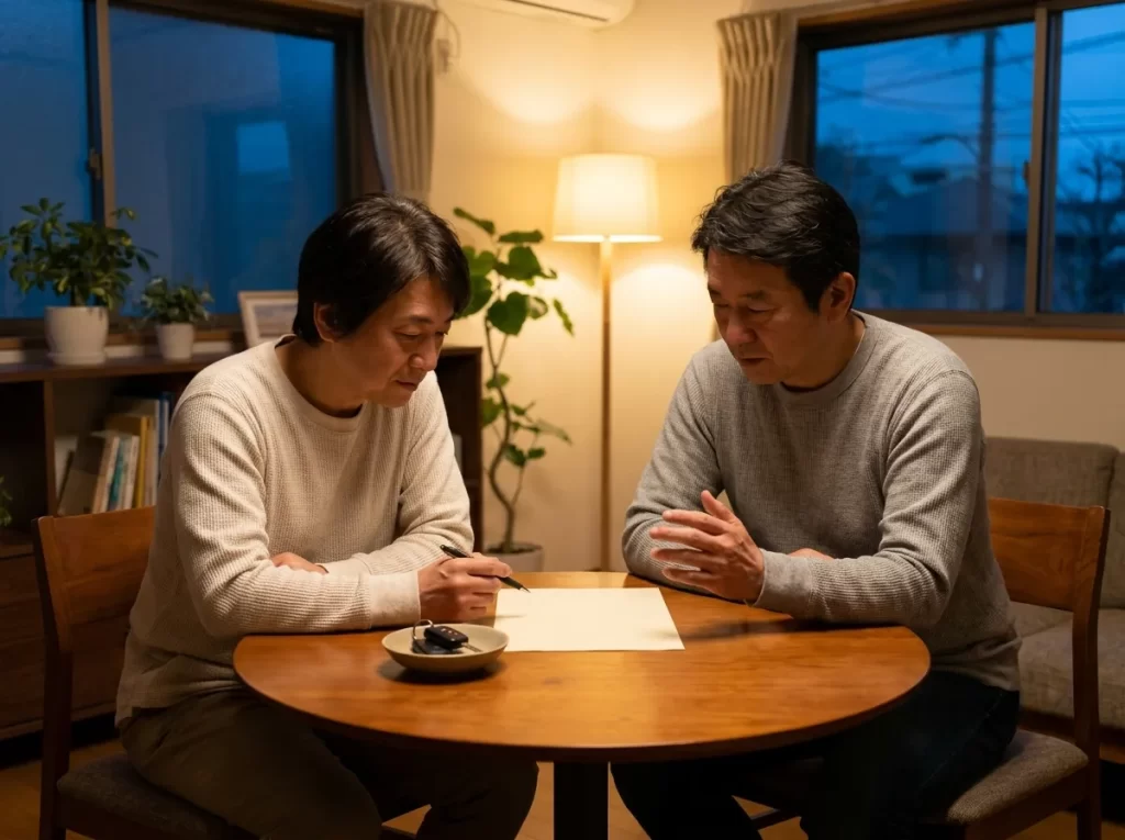 日本人の家族が車購入と返済計画を確認する様子