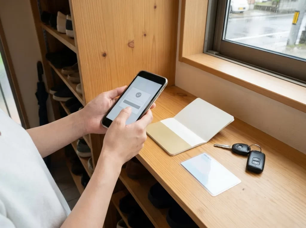 スマートフォンでWEB完結申込の条件を確認する日本人の手元