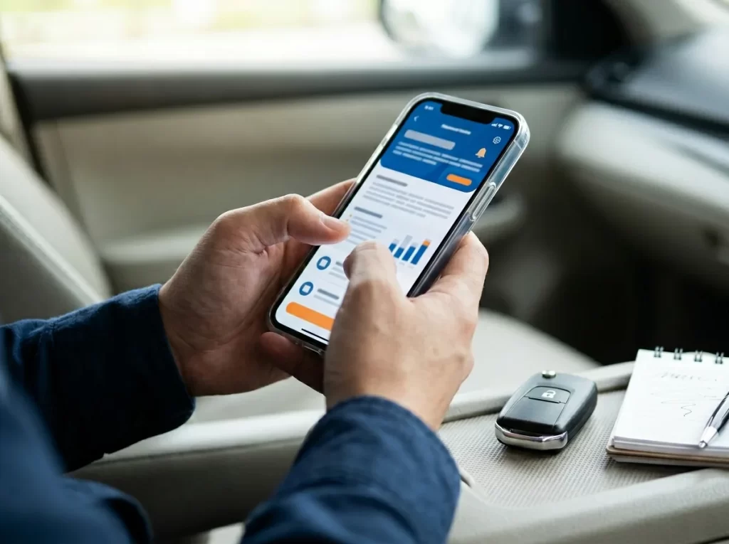 スマートフォンでマイカーローンの金利条件を確認する様子