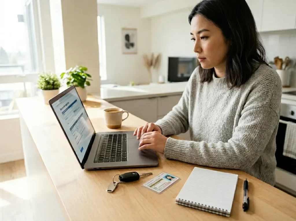 窓際でマイカーローンの必要書類を整理する様子