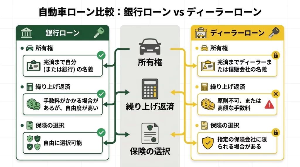 七十七銀行マイカーローンとディーラーローンを比較するときの確認点を示した図解