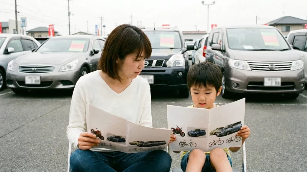 中古車販売店の屋外展示場で、日本人親子が車・バイク・自転車の無地パンフレットを見比べている