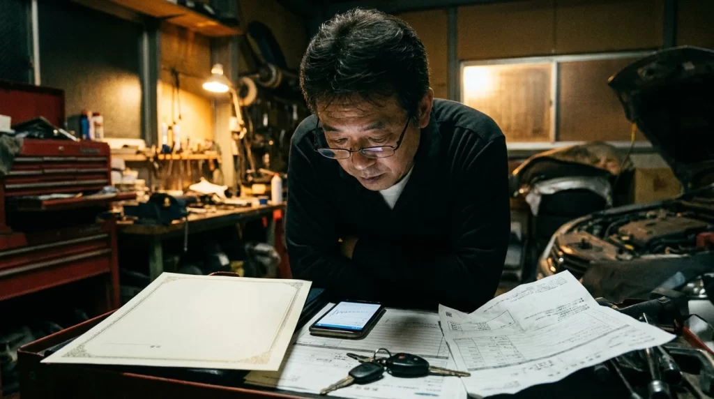 自宅ガレージで、日本人男性がローン残高メモ、見積書、車検証風書類、車のキーを並べて確認している