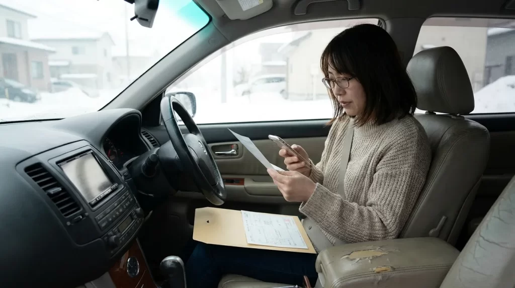 40代の日本人女性がスマートフォンで本人確認書類と見積書をアップロードする準備をしている