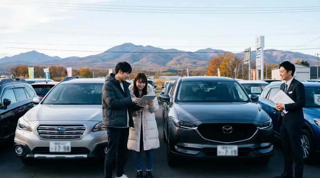 本人の若い夫婦が数台の車を見比べながら、手元のタブレットで返済プランを確認している。