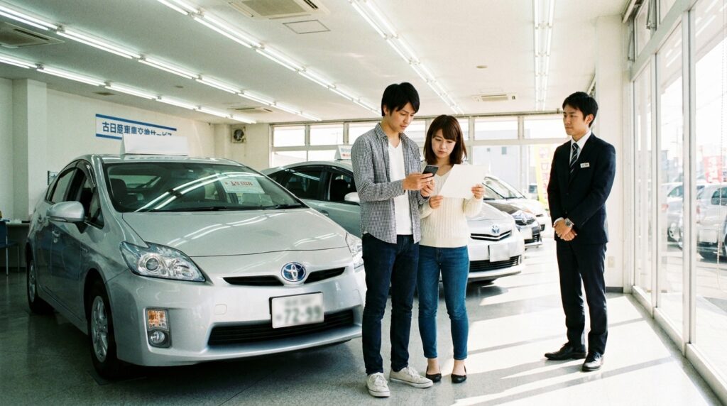 20代の日本人カップルが展示車の横でスマートフォンと紙のメモを見比べている。