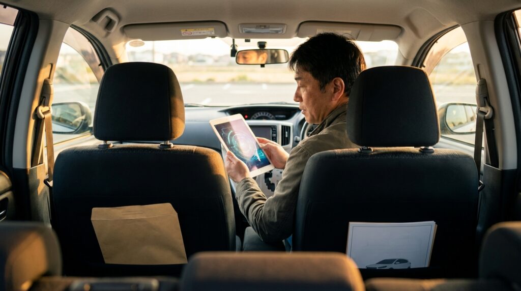 40代の日本人男性がタブレットで申込ステップ画面を確認している