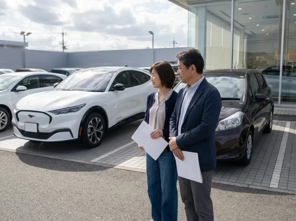 エコカー購入と通常の車購入を比較する日本人の夫婦
