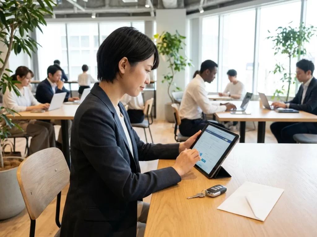 日本人の利用者がタブレットでネット仮審査を確認する様子