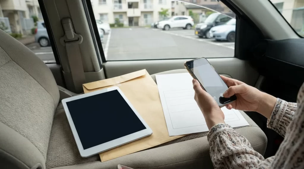 40代の日本人女性の手が、見積書風の無地書類をスマートフォンで撮影してアップロード準備をしている。