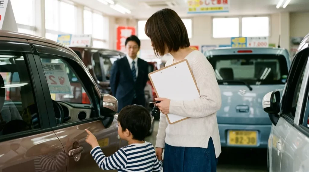 日本人の親子が展示車を見ながら、手元のチェックリスト風の無地メモと車の鍵を確認している。