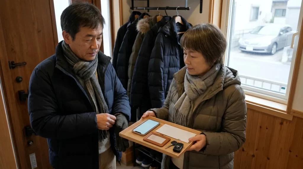 WEB仮審査後の来店手続きに向けて書類と車のキーを準備する日本人夫婦
