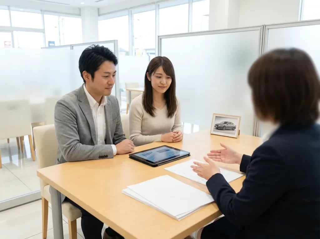信用金庫の相談ブースで説明を受ける日本人夫婦