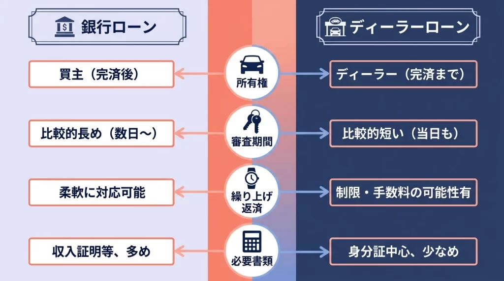 八十二長野銀行マイカーローンとディーラーローンの比較ポイントを示す図解