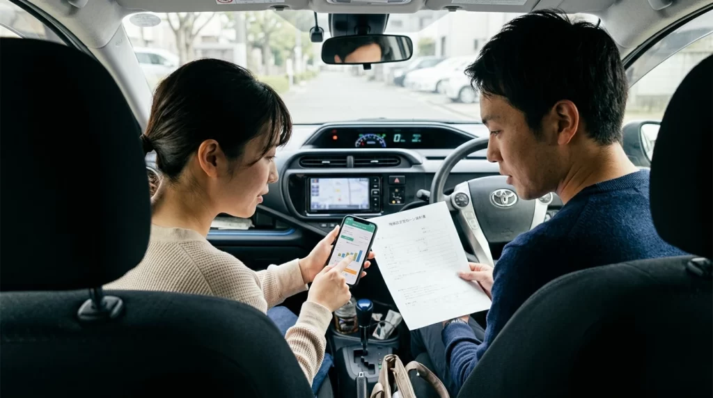 車内で返済書類とスマートフォンを見比べ借換を検討する日本人夫婦