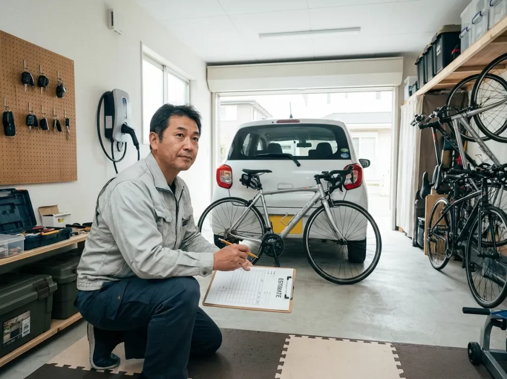 ガレージで車・自転車・EV充電設備を確認する手元