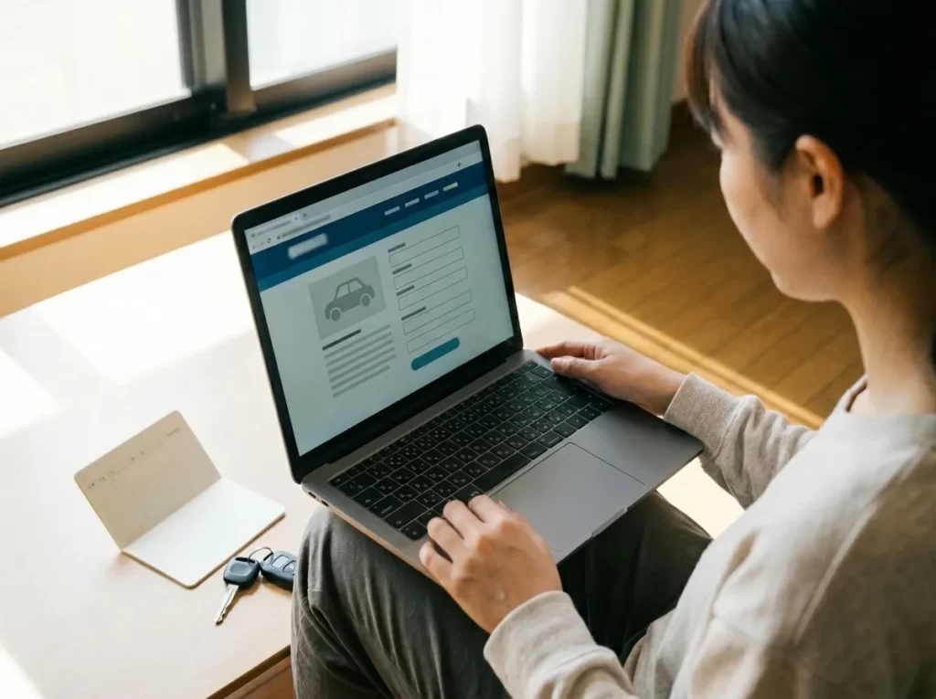 自宅書斎でWeb完結型の条件を確認する日本人女性