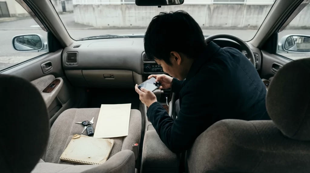 車内で日本人申込者が見積書と本人確認書類をスマートフォンで撮影している画像を配置。