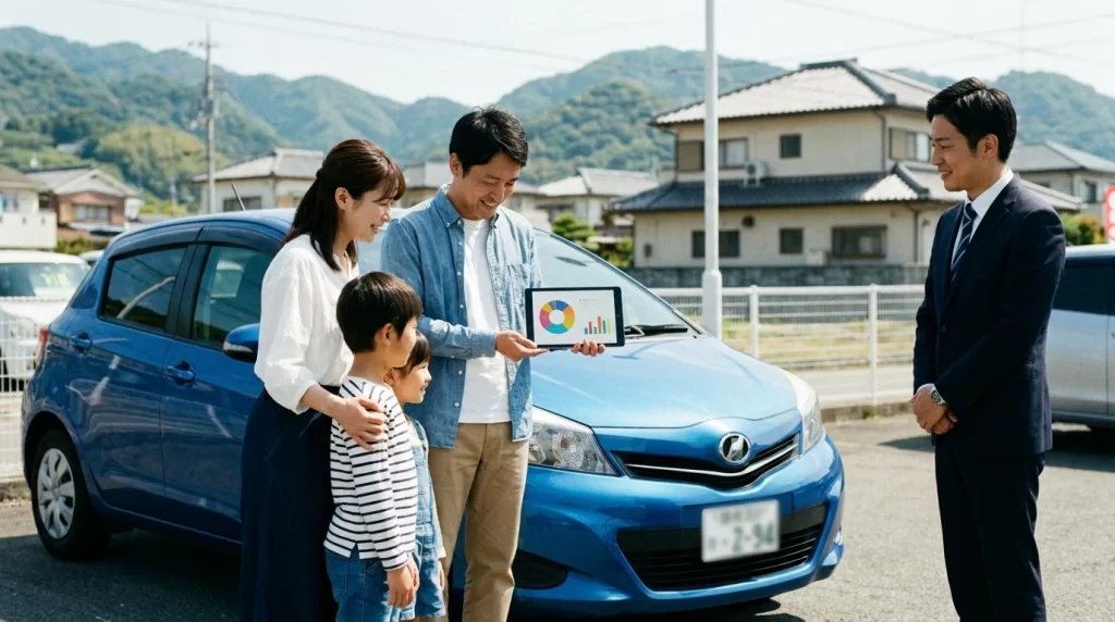 郊外の自動車販売店前で、日本人家族がコンパクトカーと返済シミュレーションを確認している画像を配置。