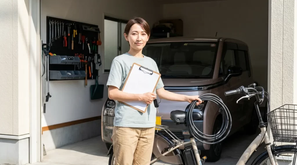 ガレージで自転車やEV充電設備の見積りを確認する日本人女性