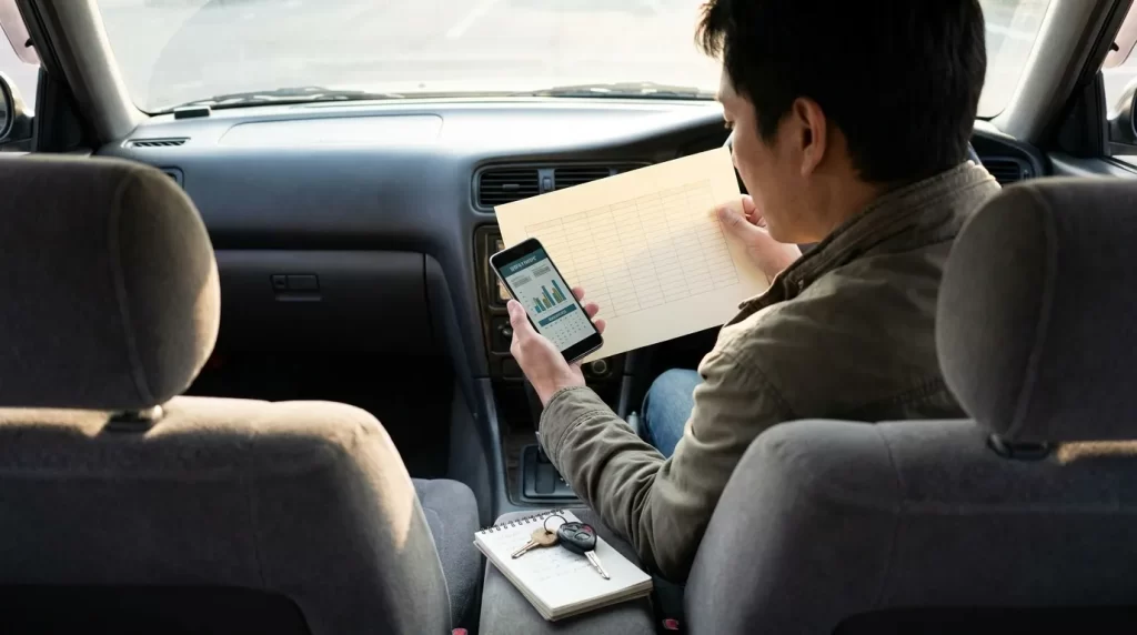 車内で自動車ローンの借換条件を確認する日本人男性