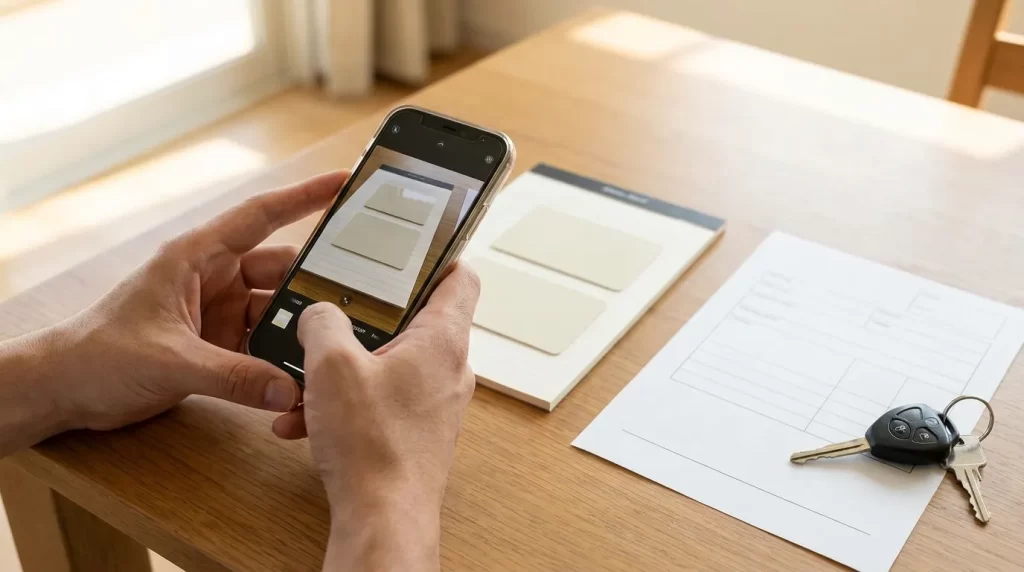 本人確認書類風カードをスマホで確認する日本人の手元