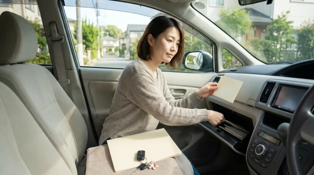 車内で緊急連絡カード風の無地カードを確認する日本人女性