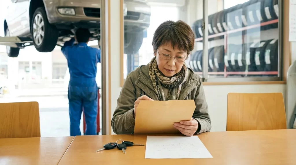整備工場の待合スペースで車検や修理費用の書類を確認する日本人女性
