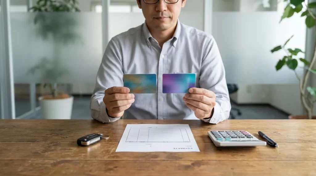 カーライフプランとマイカーローンDXの違いを確認する日本人男性