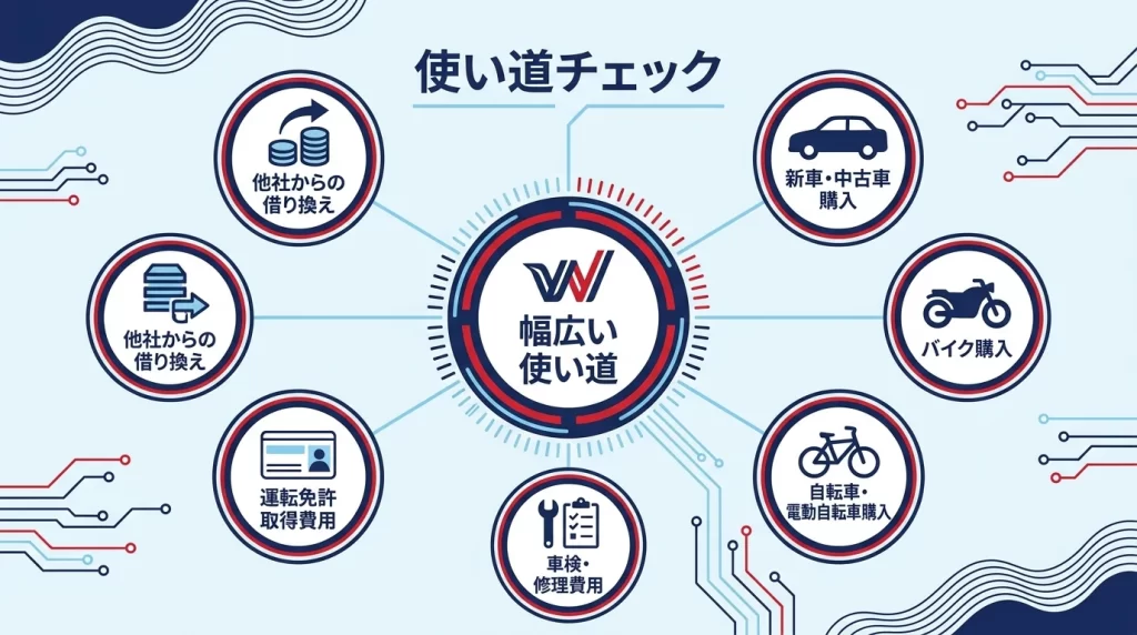 きらぼし銀行マイカーローンで確認したい車、バイク、自転車、車検、免許取得、借換の用途図解