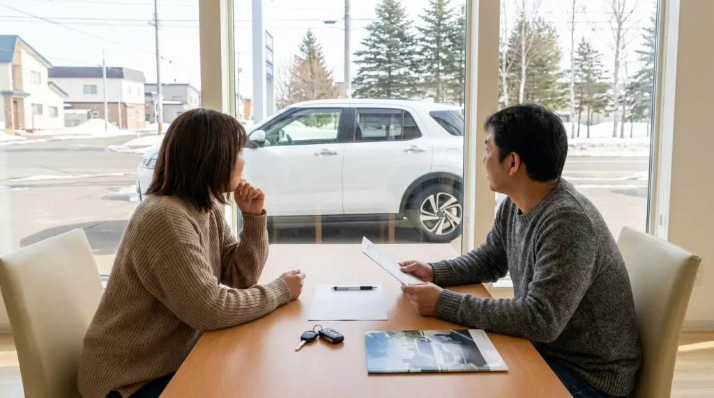 購入先への振込前に車のキーと支払書類を確認する日本人夫婦