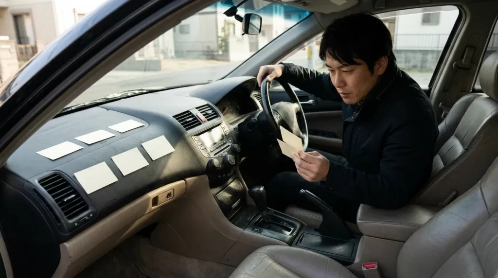 車内でカーローン得徳くんの金利引下げ条件を確認する日本人男性