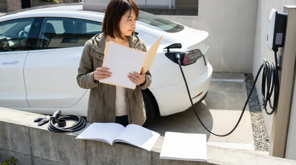 電気自動車と充電設備の見積りを確認しながらプライム対象を検討する日本人女性