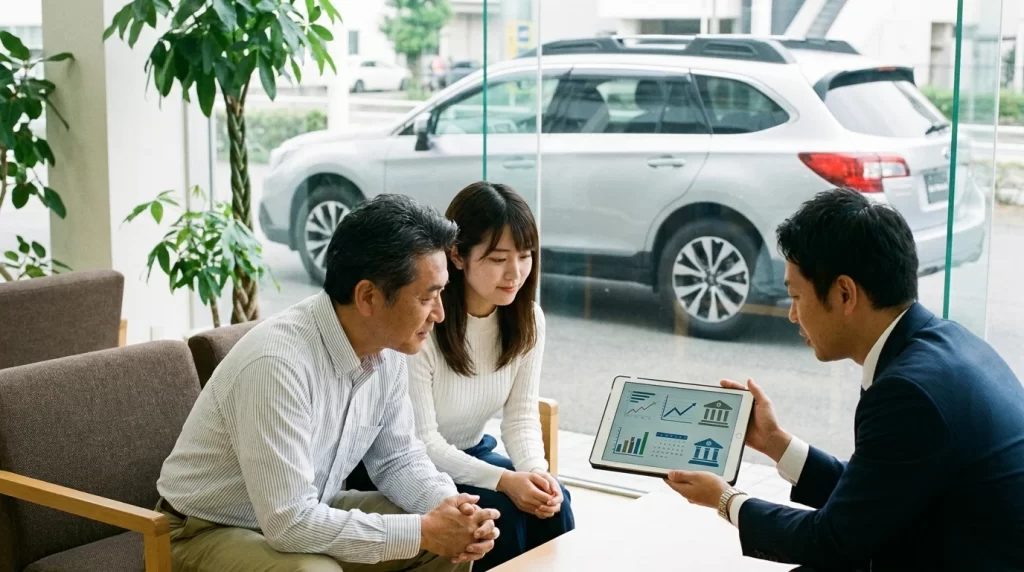 中古車販売店の商談スペースで、日本人親子が見積書とタブレットの返済予定を確認している夫婦