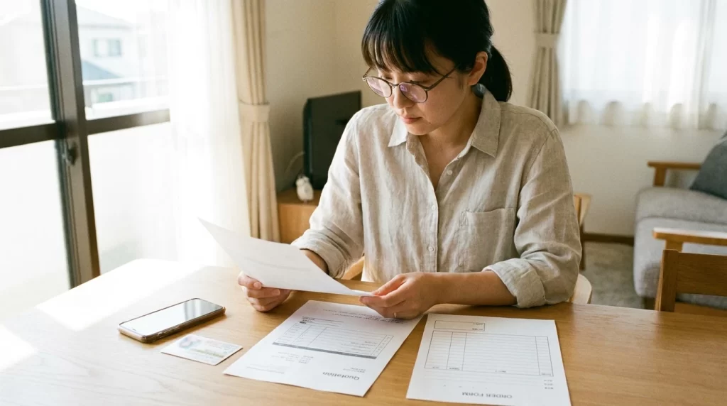日本人女性が運転免許証風カード、見積書、注文書風書類、スマートフォンを並べてWEB申込前の書類確認をしている