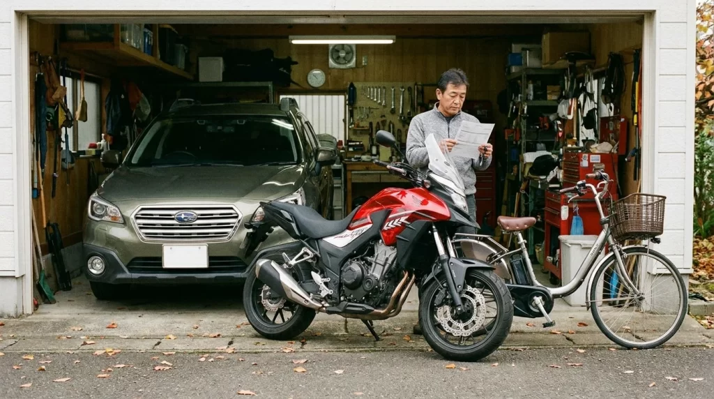 自宅ガレージ前で、日本人男性が車・バイク・電動アシスト自転車と見積書を確認している
