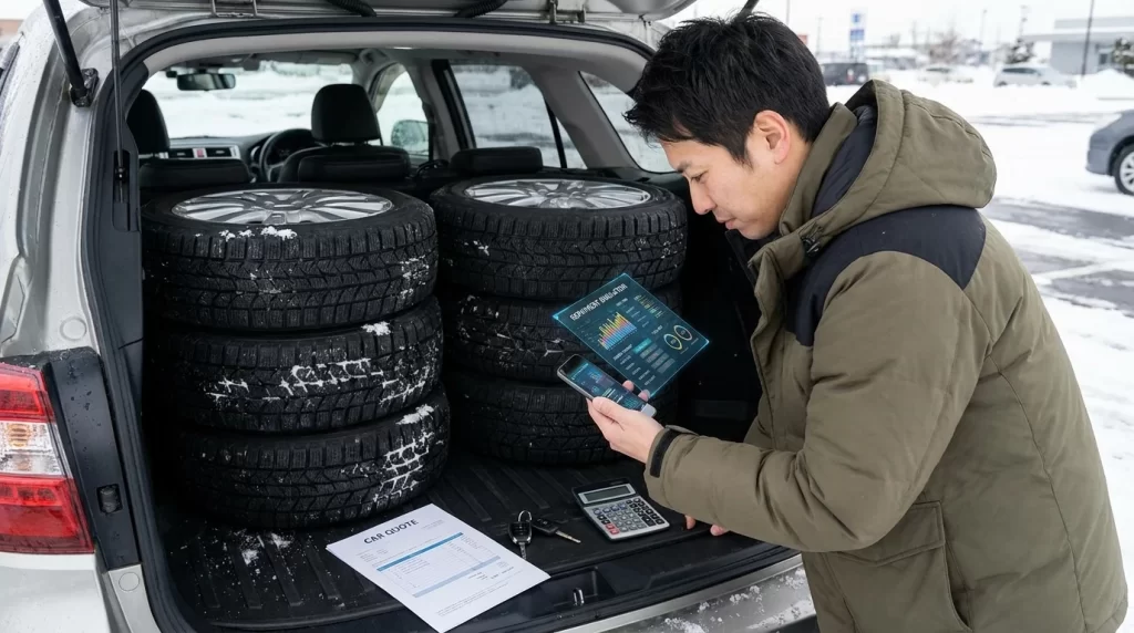 冬タイヤを積んだ車の荷室で、日本人男性がスマートフォンの返済シミュレーション画面と見積書を確認している画像
