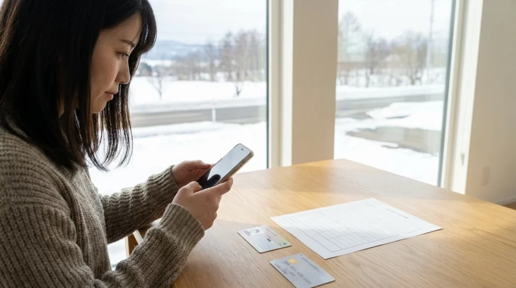 日本人女性が本人確認カードと見積書をスマートフォンで撮影している
