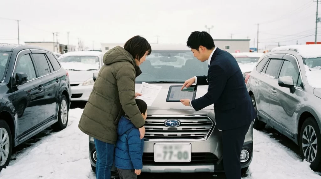 北海道の自動車販売店前で、日本人親子が中古車の見積書とタブレットの返済予定を確認している