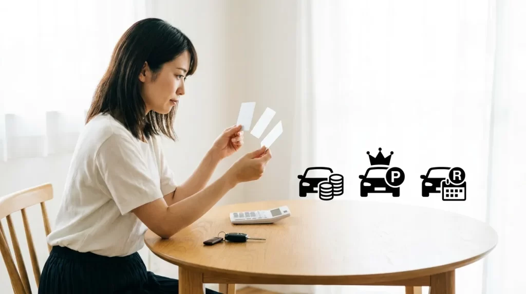 3枚のカードで通常・プライム・予約型を比較する日本人の手元