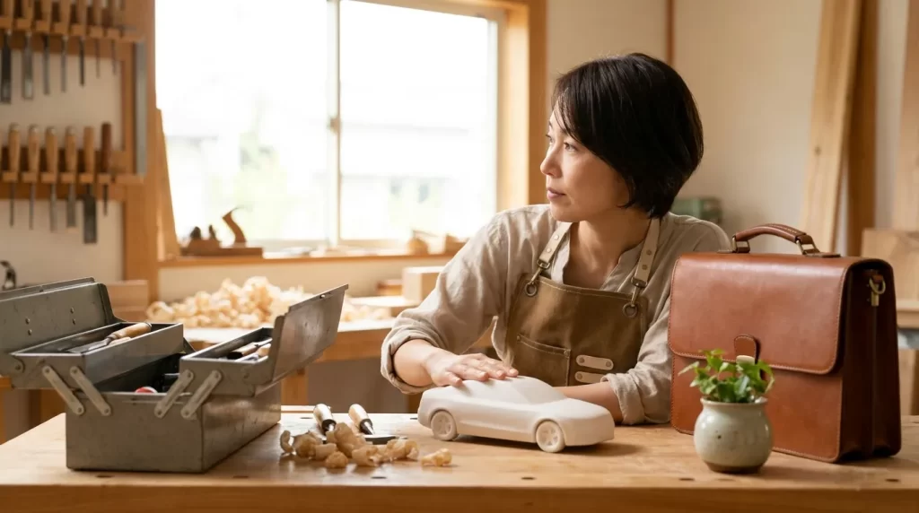 通常型とプレミアム型のマイカーローン選択を作業台で考える日本人女性
