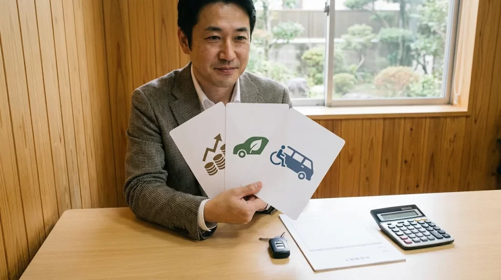 マイカーローンの金利引き下げ条件をカードで整理する日本人男性