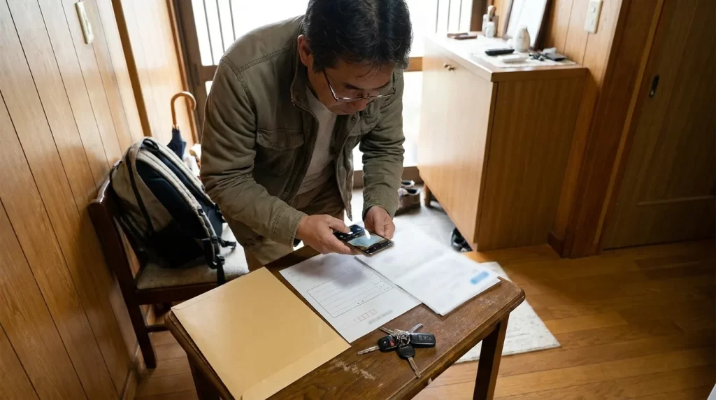WEB申し込みのため本人確認書類と見積書を準備する日本人男性