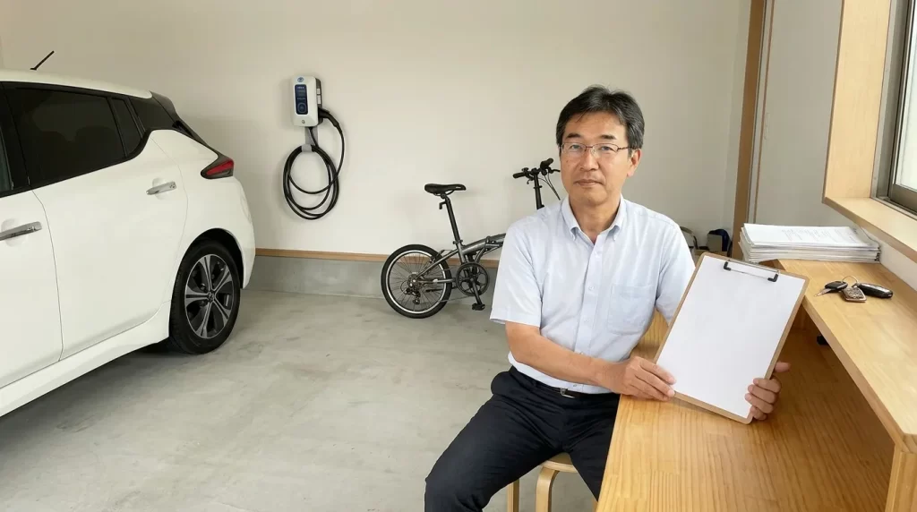 ガレージでEV充電設備と車の見積書を確認する男性