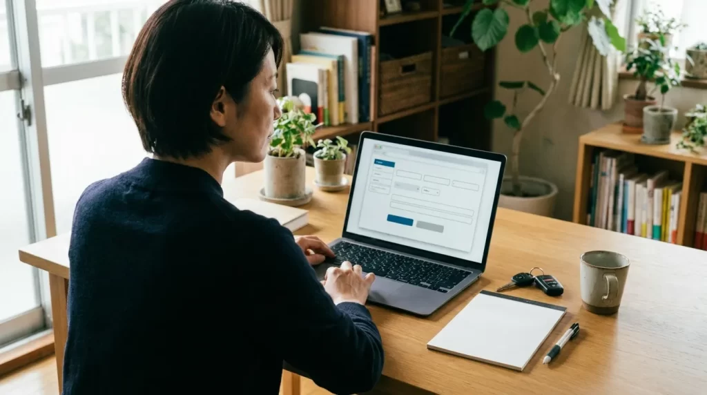 自宅でWeb申込可否と仮申込の流れを確認する日本人女性