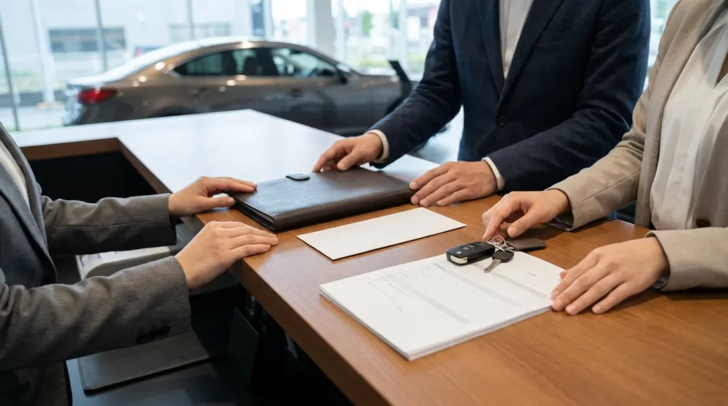 自動車販売店で本人確認書類と見積書を準備する日本人夫婦