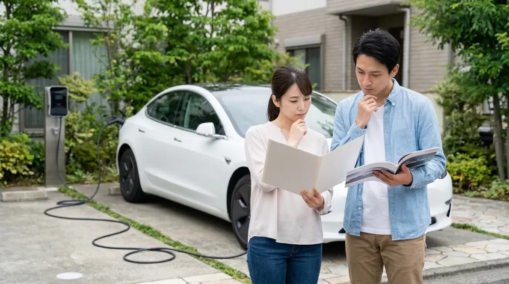 電気自動車と充電設備の見積りを確認する日本人夫婦