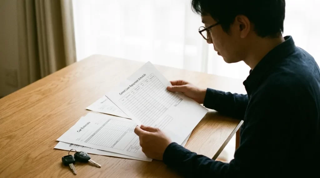 現在の返済予定表と見積書を確認する日本人の手元
