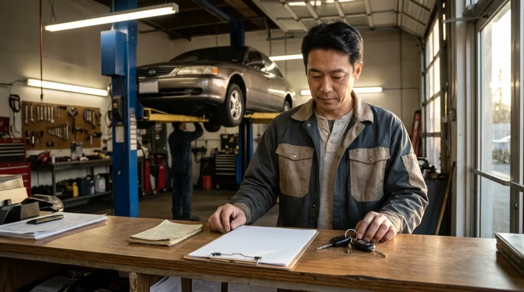 整備工場で、日本人男性が車検見積書風の書類を持ち、奥で車が点検されている画像を配置